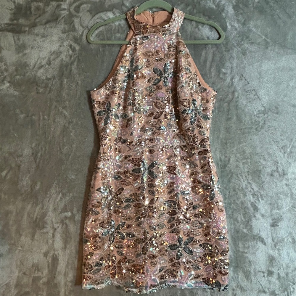Adelyn Rae Rose Gold Floral Sequin Halter Mini Dress Bodycon Pink Silver Size M - Picture 2 of 12